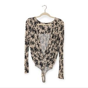 Free People Intimately Cream Black Floral Print Turnt Bodysuit Size S